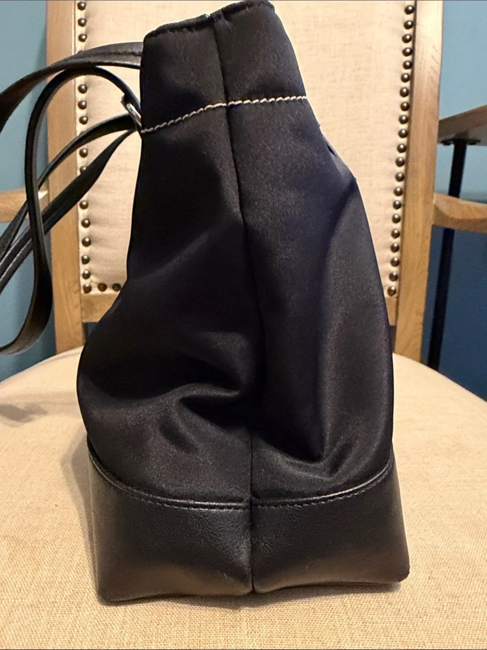 DKNYC Black Nylon Tote Bag with Leather Trim